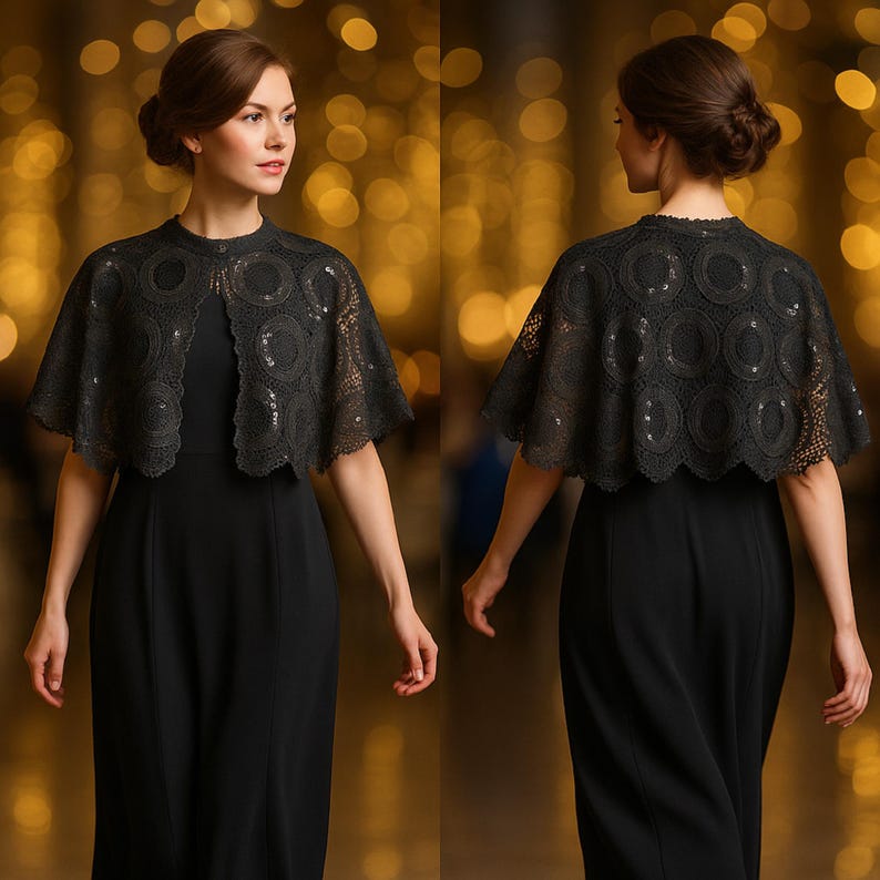 May include: A black lace capelet with a scalloped edge and circular sequin details. The capelet is worn over a black dress. The image shows the capelet from the front and back, highlighting its design and texture. The background is blurred with warm tones.
