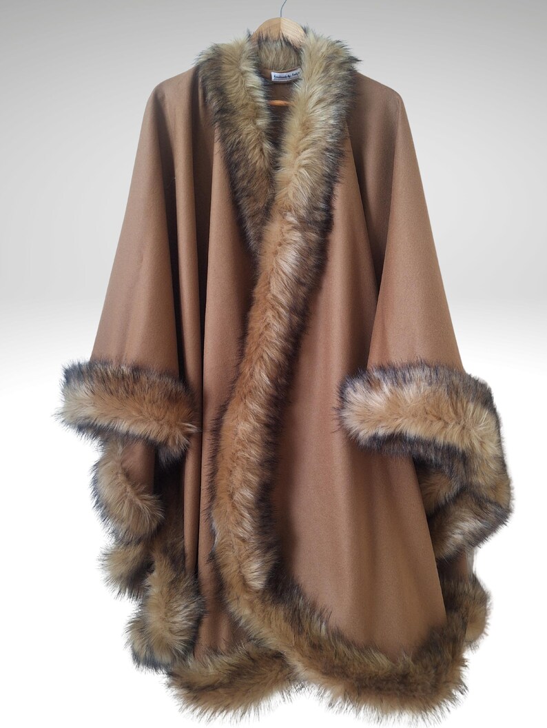Luxury Alpaca Cashmere Cape with Fox Fur Trim – Plus Size Poncho, Handmade Winter Shawl Wrap, One Size Cloak Coat