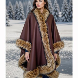 Rich Brown Baby Alpaca Long Cape Coat with  Fur Trim, Luxury Shawl Wrap