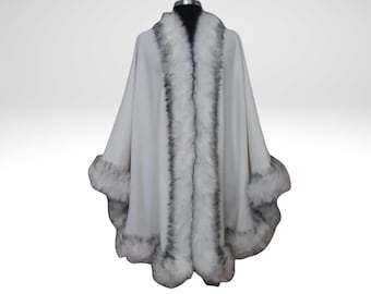 Luxurious Ivory Cashmere Cape Wrap with Fur Trim - One Size fits all