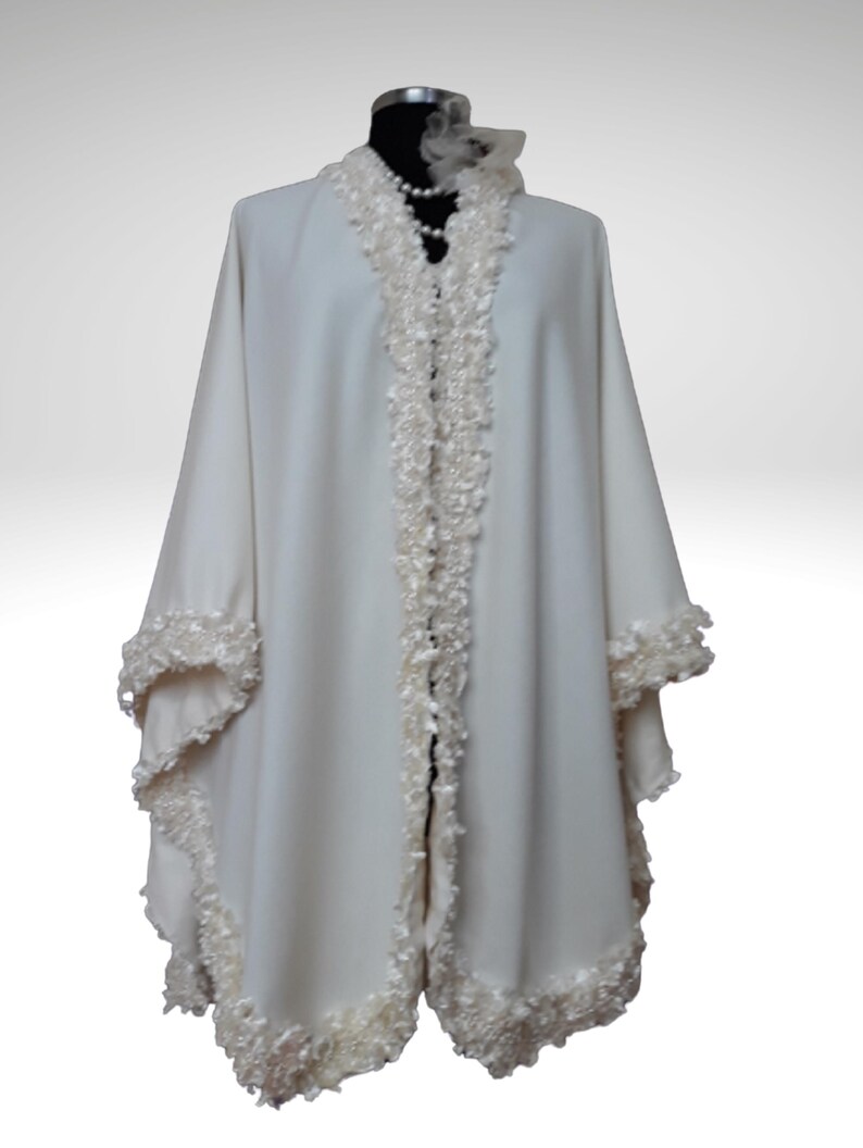 Luxurious Ivory Cashmere Cape, Shawl with Lavish Trim -One size fits all image 10
