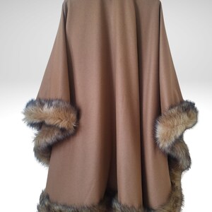Alpaca Cashmere moca brown Poncho with Fox Fur – Plus Size Cape, Handmade Brown Winter Wrap, One Size Fits All Cloak, Warm Shawl Coat