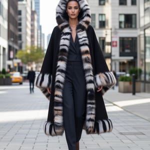 Luxury Cashmere Wool Cape with Fur Trim large, oversized fit with that beautiful multi-colored fur trim looks amazing on the live model.