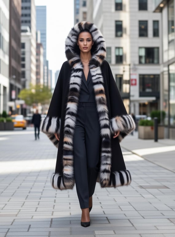 Luxury Cashmere Wool Cape with Fur Trim - Hooded Winter Poncho for Plus Size - Oversized Coat