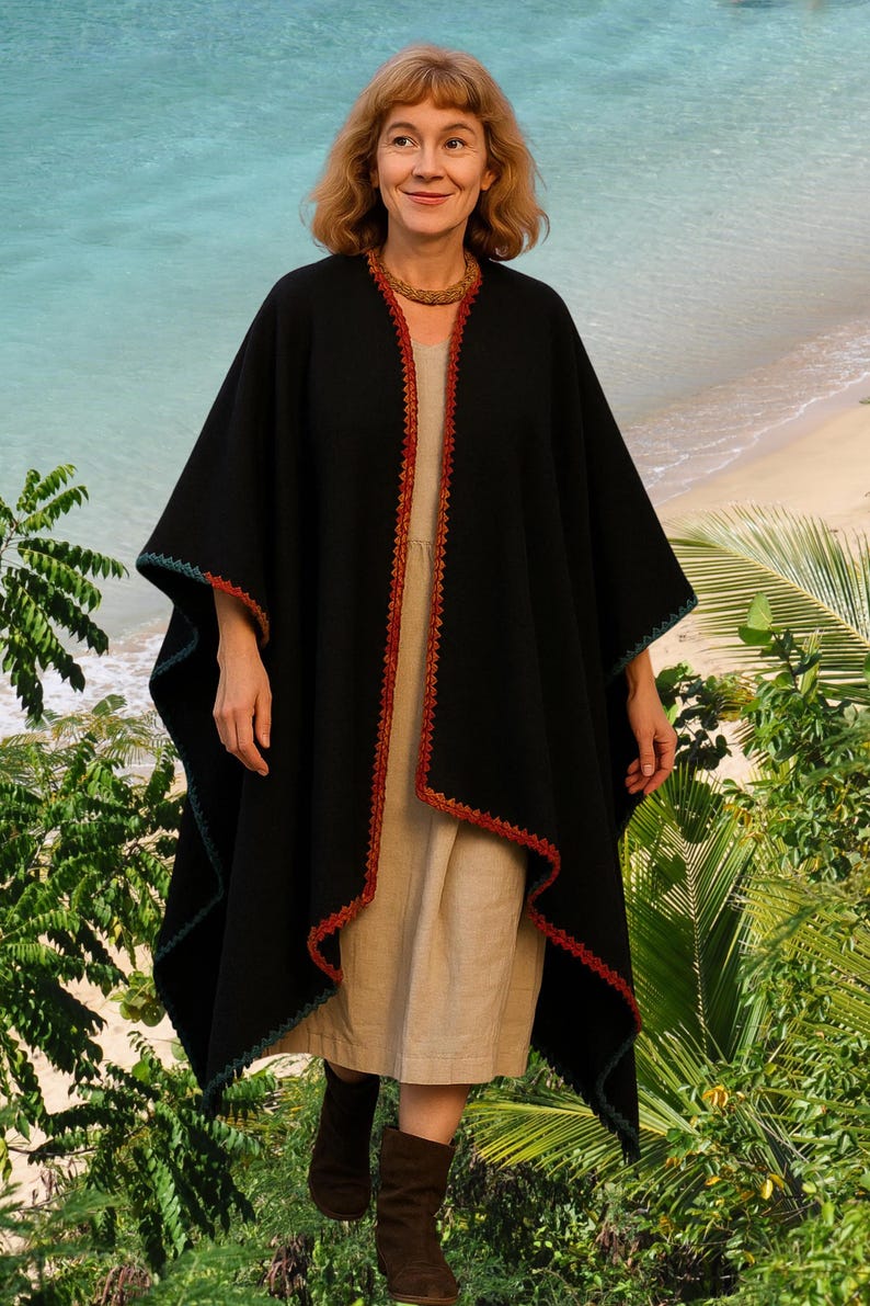 Baby Alpaca Ruana Wrap | Handmade Crochet Trim Poncho, Reversible Shawl, Unisex Cape image 12