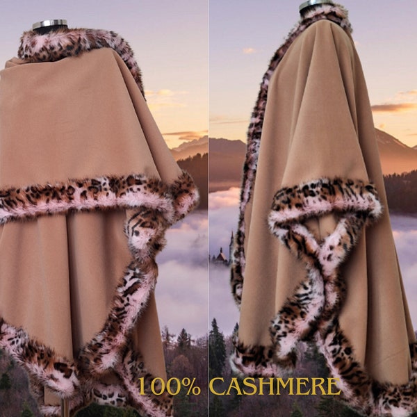 Exclusieve camel kasjmier maxi-cape, omslagdoek met rand van imitatieluipaardbont, grote maten kleding - ooak