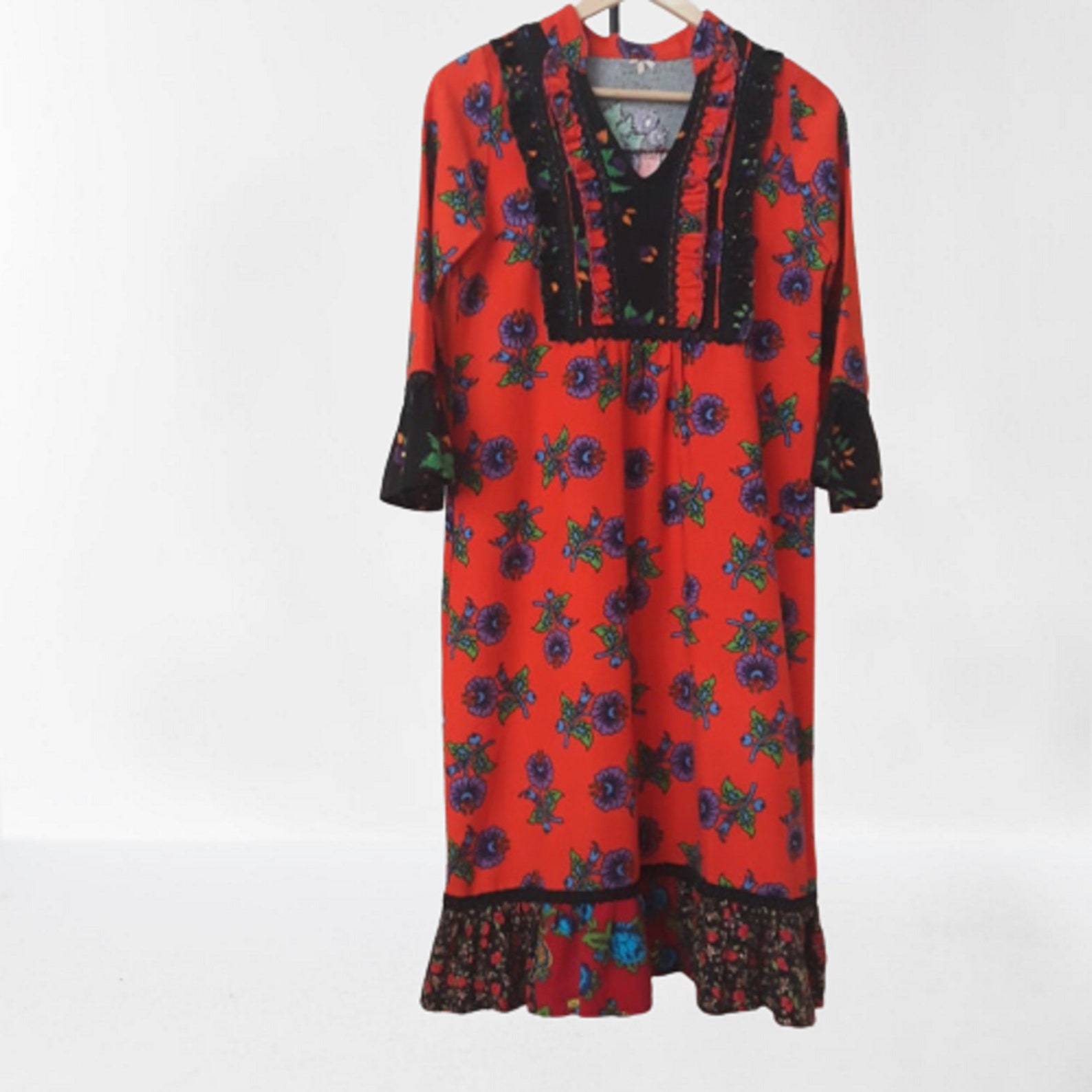 Cozy Red Cottagecore Dress Warm Wool Flanel Floral Print and Etsy