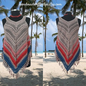 May include: A handmade, beige crochet top with a V-neck and fringe. The top features a chevron pattern with stripes of pink, red, and blue. The text "HandmadebyNadya.etsy.com" is visible at the top.