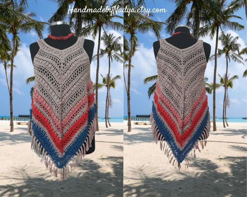 May include: A handmade, beige crochet top with a V-neck and fringe. The top features a chevron pattern with stripes of pink, red, and blue. The text "HandmadebyNadya.etsy.com" is visible at the top.