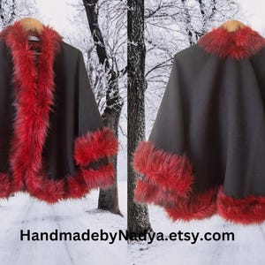 Artisan-made alpaca wool half cape, trimmed with deep red fur — a luxurious winter essential that blends fashion with handmade craftsmanship.”