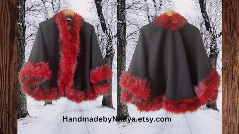 Artisan-made alpaca wool half cape, trimmed with deep red fur — a luxurious winter essential that blends fashion with handmade craftsmanship.”