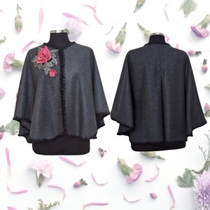Handmade Gray cashmere
capelet appliqued flower and needlework trim.