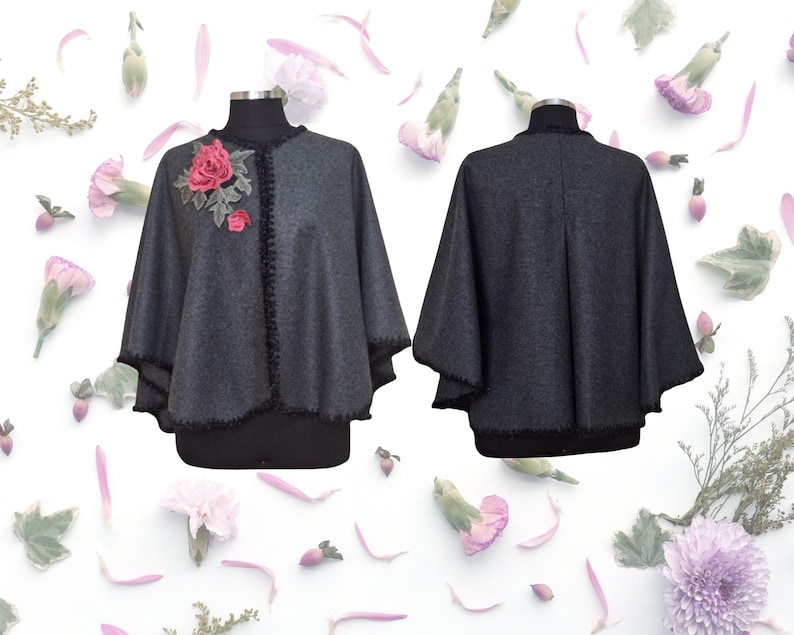 Handmade Gray cashmere
capelet appliqued flower and needlework trim.