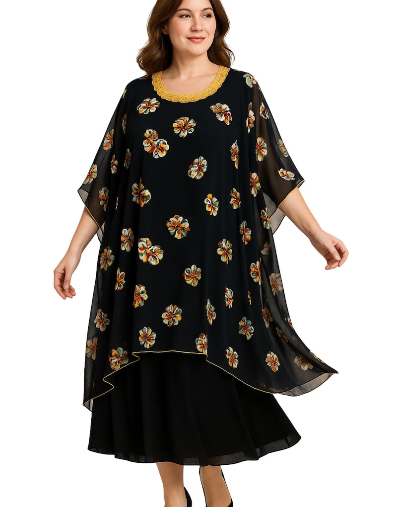 Oversized chiffon poncho tunic: all around fairy edged and embellished needle work collar(Turkish oya)