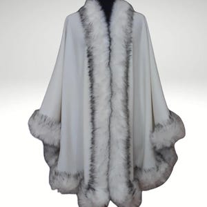 Luxurious Ivory Cashmere Cape Wrap with Fur Trim - One Size fits all