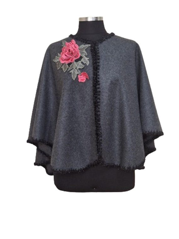 Handmade Grey Alpaca Wool Capelet, Floral Embroidery, Glitter Trim Poncho