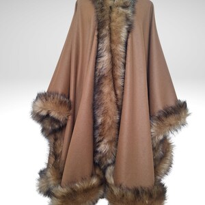 Handmade moca brown alpaca cashmere poncho with  fox fur trim, luxury oversized shawl cloak for weddings and special occasions.
