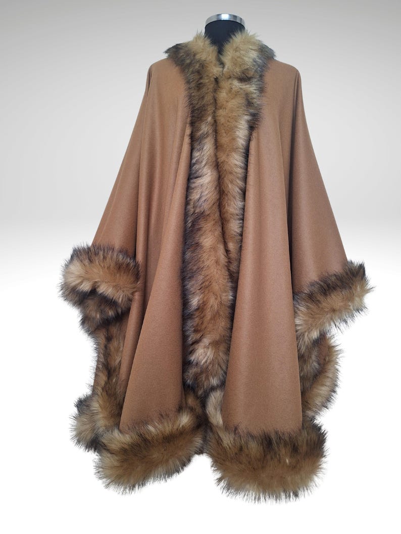 Handmade moca brown alpaca cashmere poncho with  fox fur trim, luxury oversized shawl cloak for weddings and special occasions.