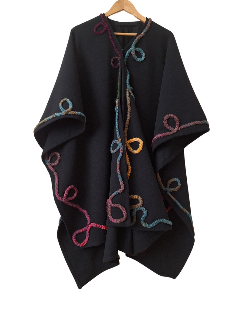"Exquisite handmade cashmere and wool ruana wrap with rainbow  handfasting cord embellishment, one-of-a-kind vintage inspired cape poncho, plus size clothing photographed outdoors with natural light."