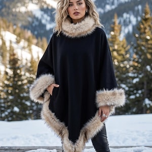 Luxurious Alpaca Triangle Poncho, Cape with plush fur trim-  Oversized