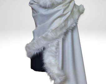 Ivory Cashmere Fur Trim Wrap – Winter Wedding Accessory, Bridal Stole, Elegant Evening Shawl