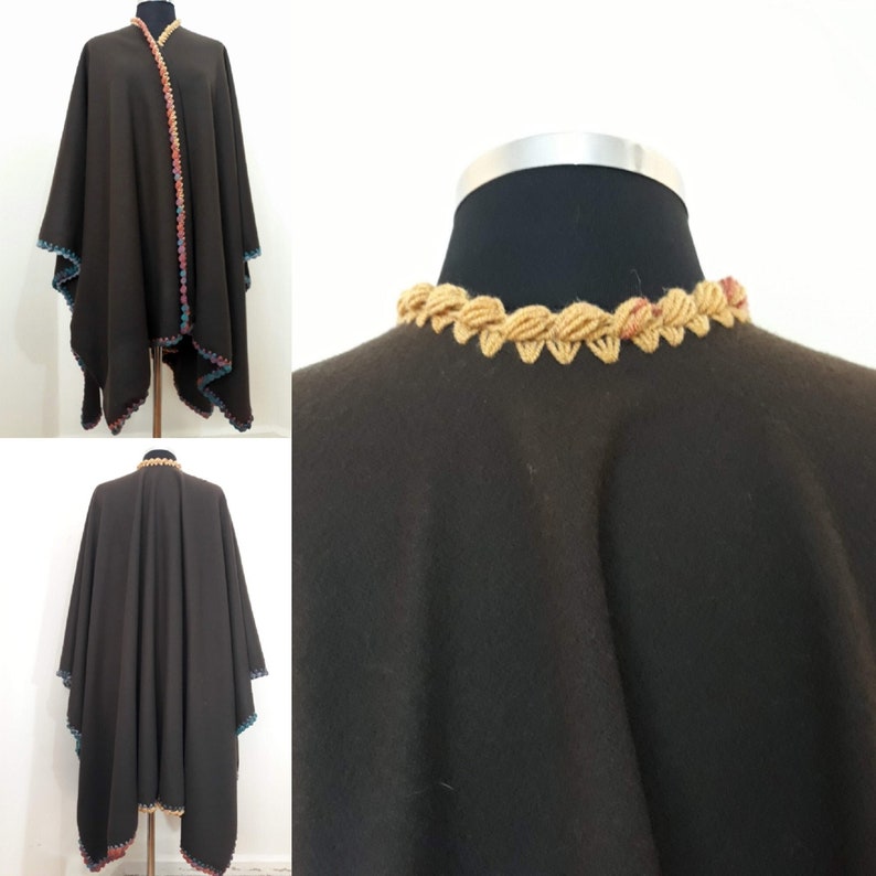 A closer view of the back collar crochet view,  and front and the back showcasing this unique unisex handmade alpaca cape wrap