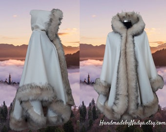 Ivory  alpaca&wool hooded long cape, coat with faux fox trim - Plus size clothing