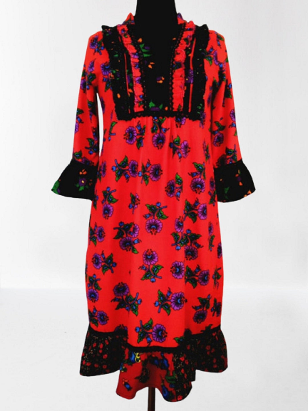 Cozy Red Cottagecore Dress Warm Wool Flanel Floral Print and Etsy