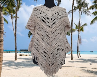 Beige lace crochet sweater mini Dress, Hippie fringe cotton poncho,  size US L-XL