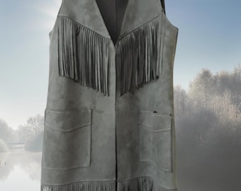 Chaleco de gamuza verde militar con flecos: chaleco hippie unisex para festivales. Talla única.