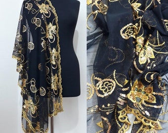 Black silk chiffon shawl, Gold embroidered black scarf-Mother's day gift