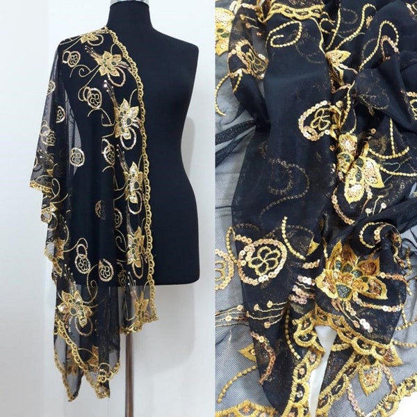 Black silk chiffon shawl, Gold embroidered black scarf-Mother's day gift