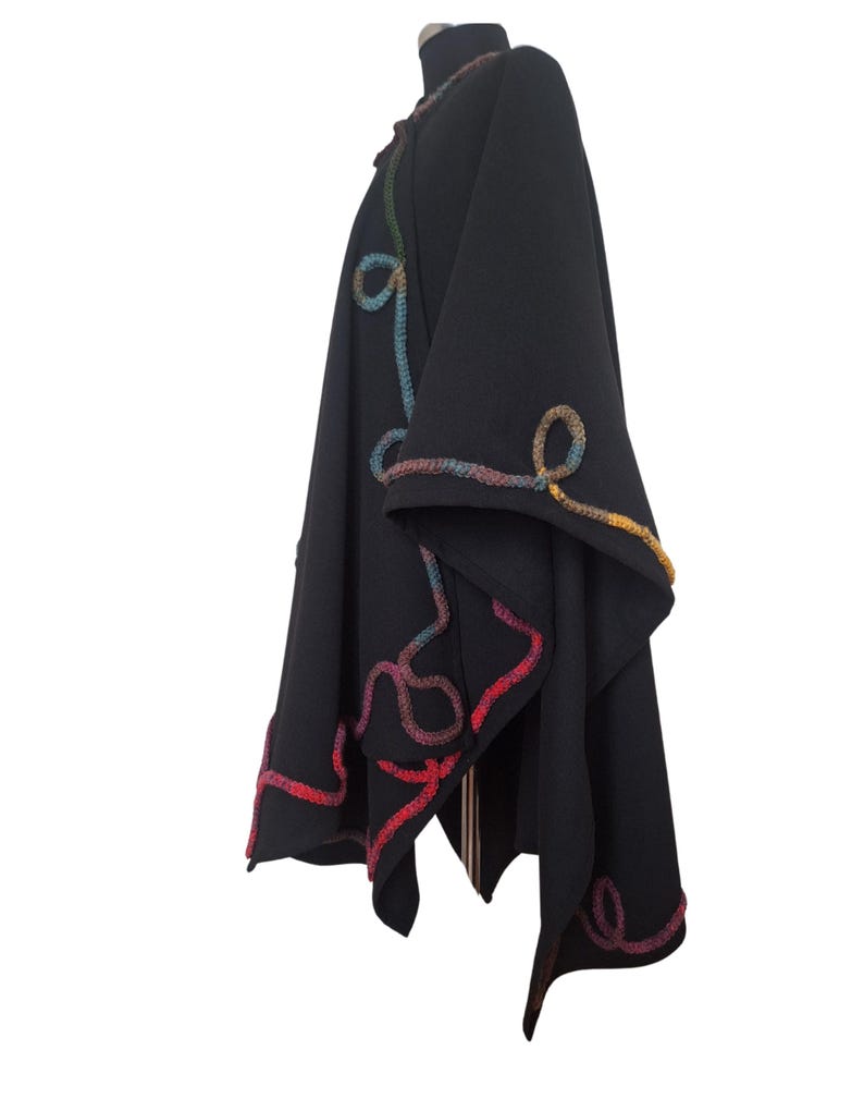 embellished, rainbow cord trim, handmade, ruana, poncho, plus size.