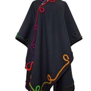 Black Cashmere Wool Cape Cloak, Plus Size Boho Poncho, Handmade Statement Outerwear, Artistic Wearable Art Cape One of a kind front view