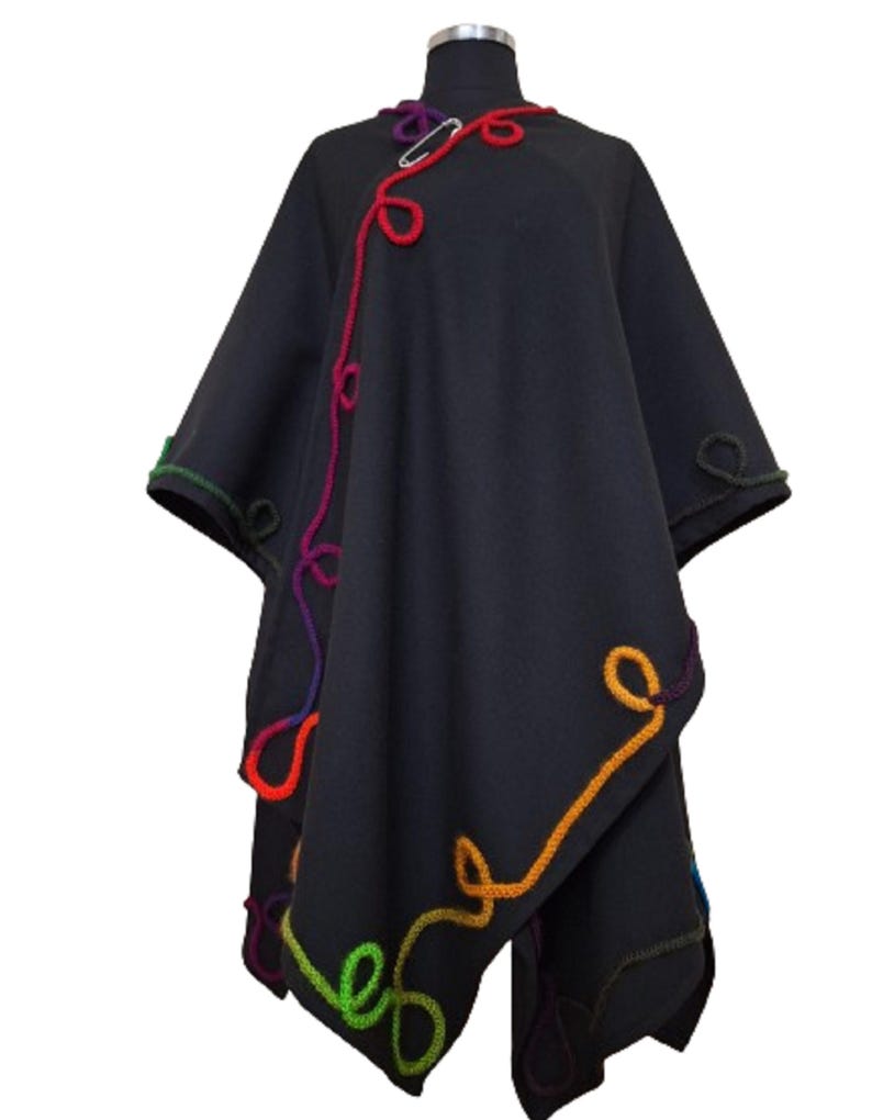 Black Cashmere Wool Cape Cloak, Plus Size Boho Poncho, Handmade Statement Outerwear, Artistic Wearable Art Cape One of a kind front view