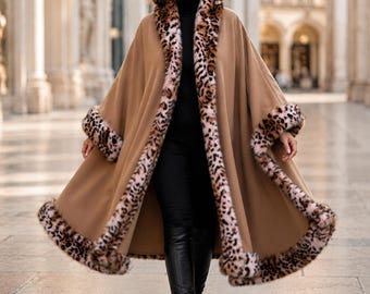 Luxury Camel Cashmere Long Cape Coat Faux Fur Trim, Elegant Shawl Wrap - One of a kind -Free Size