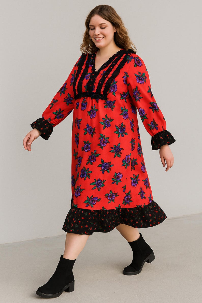 The dress is a very bold and nostalgic piece for the autumn and winter months with its striking color and distinct floral patterns.