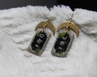 Mossy Stone Moonphase Tablet Earrings with Brass Moons