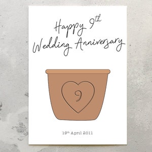 9th Wedding Anniversary Card. 9th Wedding Anniversary pottery heart Card. Envelope Included.