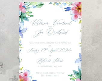 Spring Watercolour Wedding Invitations + Envelopes, Floral Wedding Invitations, Spring Wedding Invitations Personalised wedding invites