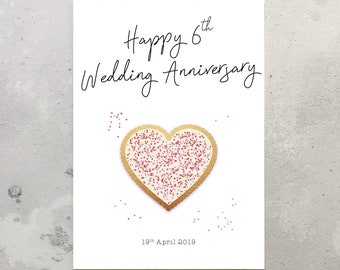 結婚6周年記念カード。結婚6周年記念ビスケットハートカード。封筒付き。6周年記念シュガーアニバーサリー
