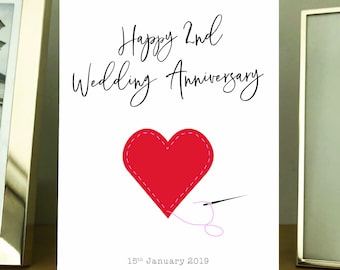 結婚2周年記念カード。結婚2周年記念コットンハートカード。封筒付き。結婚2周年記念コットンアニバーサリーカード