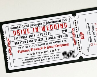 50 White card Drive In Wedding invitations / movie / Film Ticket style Wedding Invitations