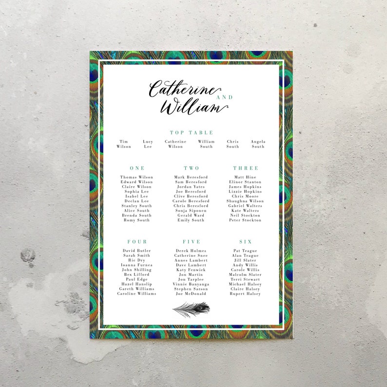 Peacock Wedding Table Plan Jewel tone peacock feather table plan peacock seating chart seating plan