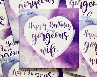 Purple Watercolour Wash Wife Birthday Card + envelope