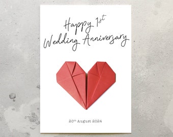 1st Wedding Anniversary Card. 1st Wedding Anniversary origami paper heart image Card. Envelope Included.