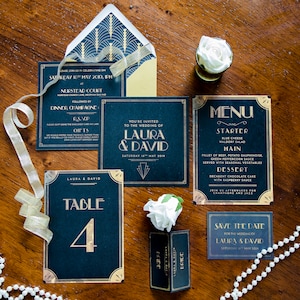Proefpakket bruiloftsbriefpapier met Great Gatsby-thema. Proefpakket art-deco bruiloftsbriefpapier jaren 1920