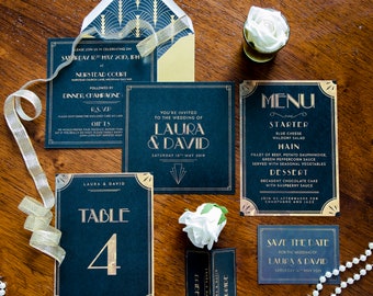 Great Gatsby themed wedding stationery sample pack. 1920s Art Deco wedding stationery sample pack