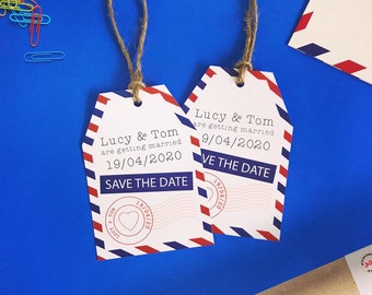 Airmail / Destination Save the Date Wedding Luggage Tags. Twine included
