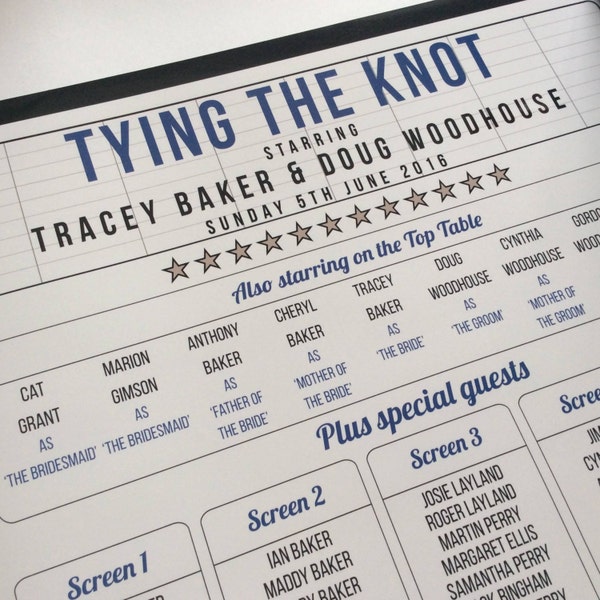 Cinema Wedding Table Plan / Film/ Movie / Theatre / Hollywood themed Wedding seating Plan